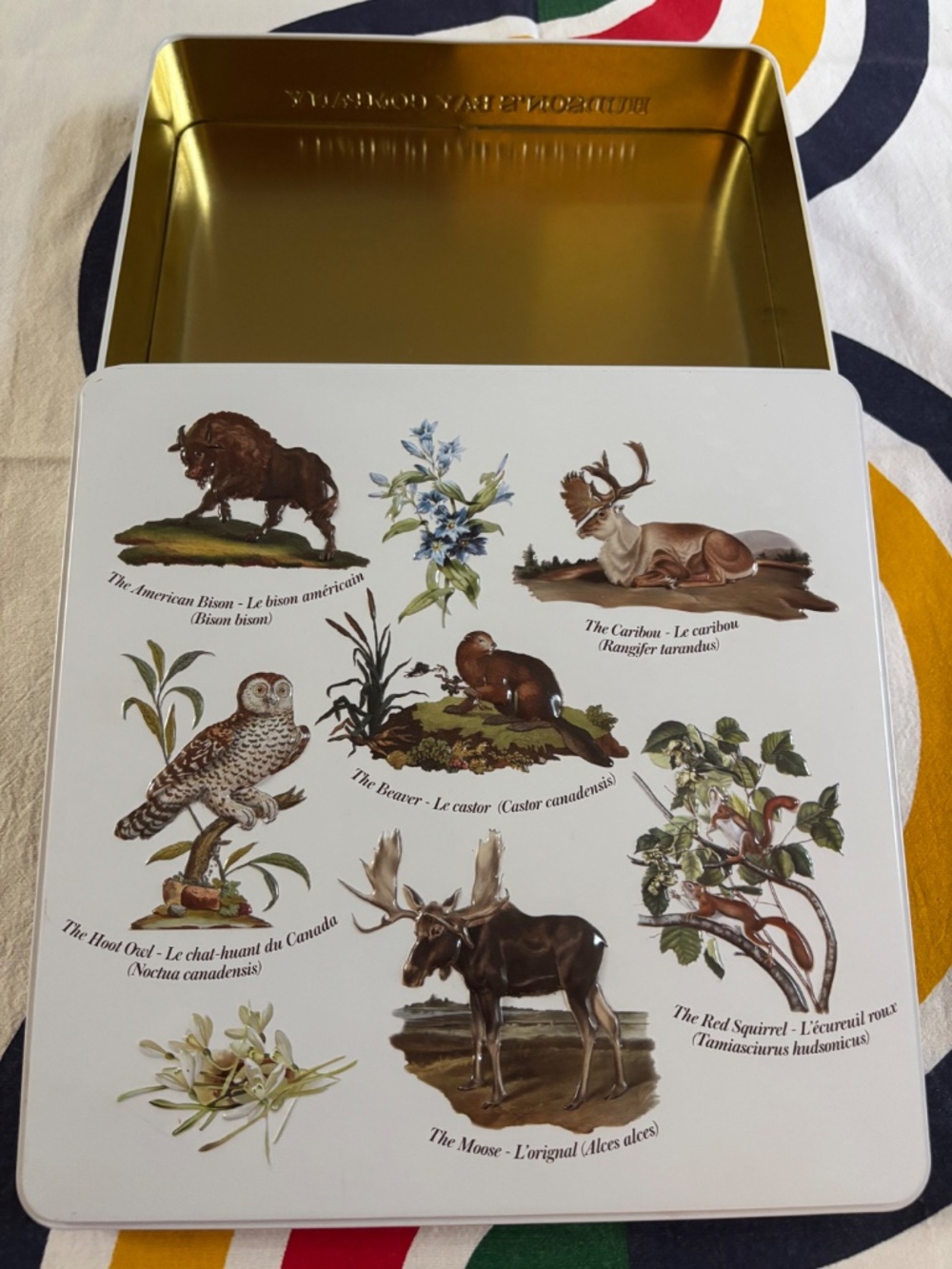 BILINGUAL Hudson Bay Company metal "Wildlife Tin" 9" x 9". EUC.